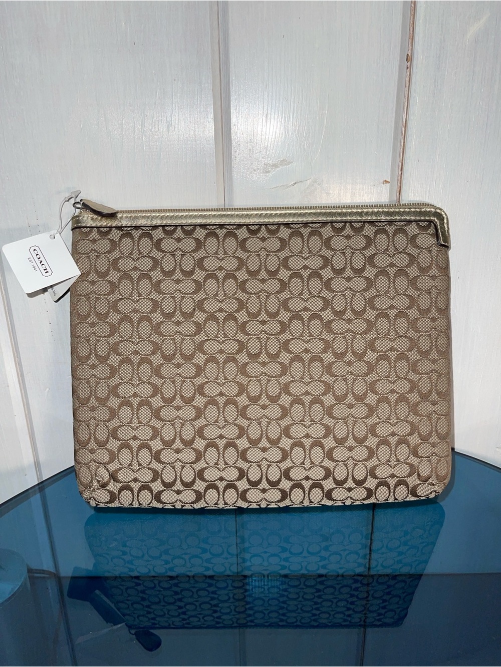Coach Brown Khaki and Metallic Signature Zip Pouch Tablet F61035 NWT